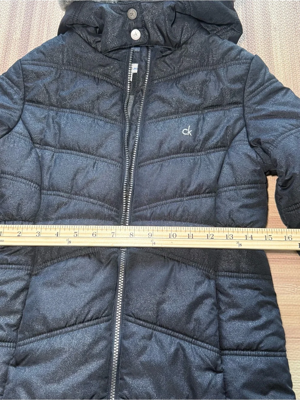Calvin Klein Jeans Girls Size M 8/10 Black Shimmer Hooded Long Puffer Coat